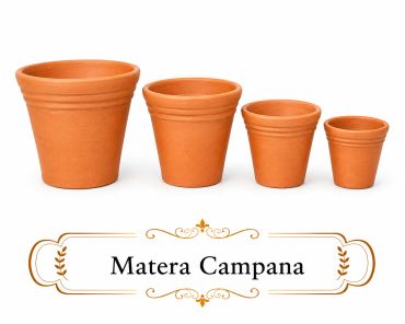 Set of four terracotta pots labeled Matera Campana.
