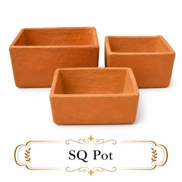 Three rectangular terracotta pots labeled SQ Pot.