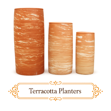 Three terracotta planters of varying heights with a tiger design.