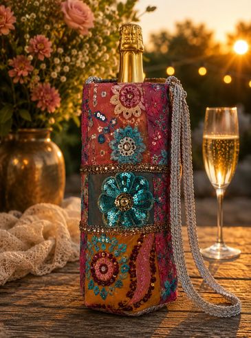 Elegant bejeweled wine bottle holder with a champagne bottle.