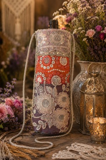 Decorative bottle bag with intricate embroidery amid floral decor.