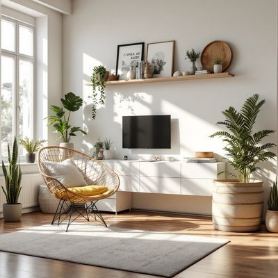 gemütliches Wohnzimmer, durch das Fenster scheint Sonne. Minimalistische Möbel und Pflanzen.
