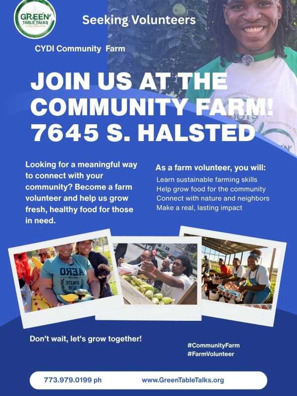 Join the community farm volunteer program at 7645 S. Halsted to grow fresh food and learn sustainable farming.