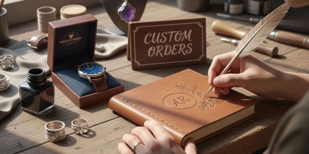 Hand crafting custom leather journal with floral design and initials.