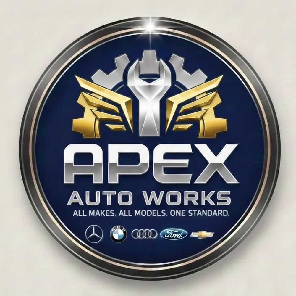 Apex Auto Works logo with mechanical and automotive symbols.
