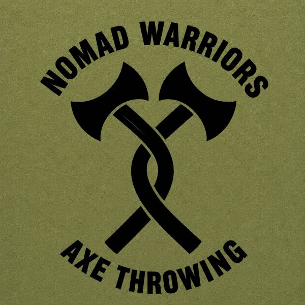Official logo of the Nomad Warriors. Black font on a green background featuring two double.e bit axe