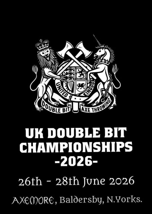 a coat of arms crest for the United Kingdom double bit axe throwing. crest depicts a lion and an uni