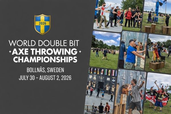 marketing poster for the 2026 world double bit axe throwing championships BOLLNAS, SWEDEN