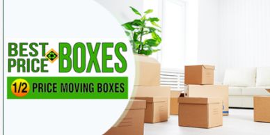 Discounted moving boxes in a bright, modern living room setting.