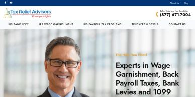 Website homepage for Tax Relief Advisers specializing in wage garnishment and payroll tax issues.