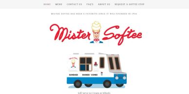 Logo and illustration of a Mister Softee ice cream truck on a website.