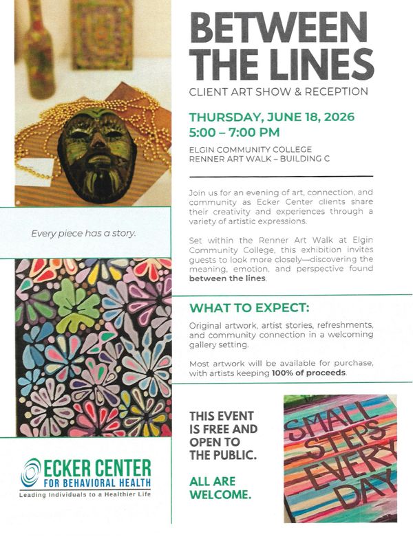 Art show flyer for "Between the Lines" at Elgin Community College on June 18, 2026.