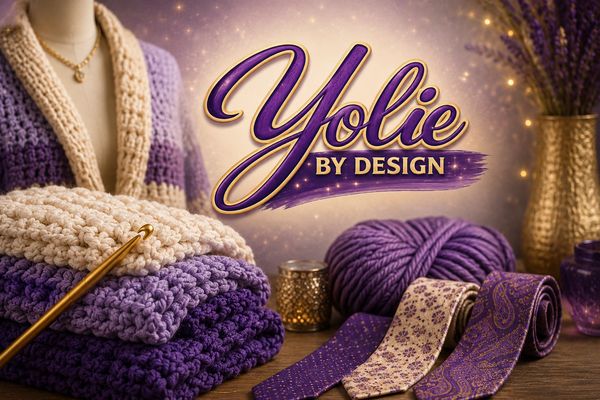 Cozy purple and cream crochet items with yarn and ribbons, branded 'Yolie by Design'.