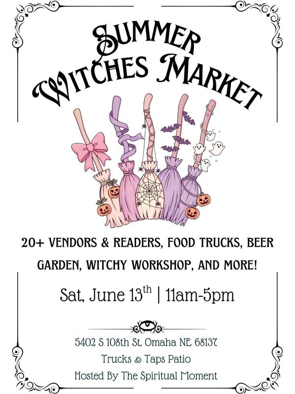 Flyer for Summer Witches Market with brooms and event details.