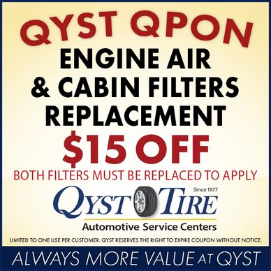 Qyst Tire Coupons, Engine Air Filter Coupon, Cabin Filter Coupon, Coupon, Oil Change Coupon