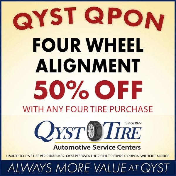 Qyst Tire 4 Wheel Alignment Coupon 50% OFF with any four wheel purchase