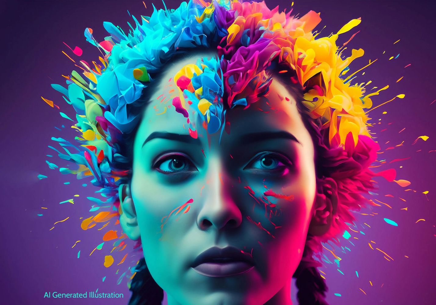 Colorful photo realistic AI generated image of a woman with exploding ideas.