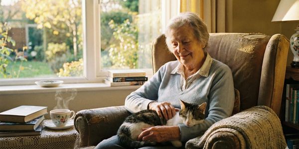 Elderly woman enjoying a calm moment with her cat on a cozy armchair.