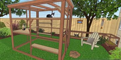 catio in yard all 4 sides away from home with cat tunnel to access, large enough for person too