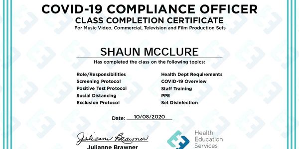 COVID-19 Compliance Officer Certificate for The Set Medic
