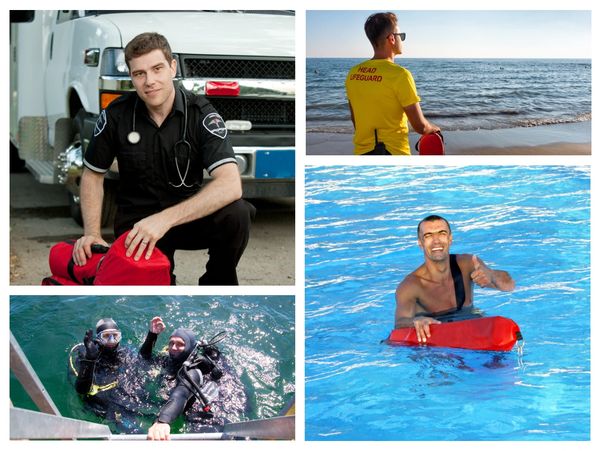 Photo collage with set medic, lifeguards, and rescue divers