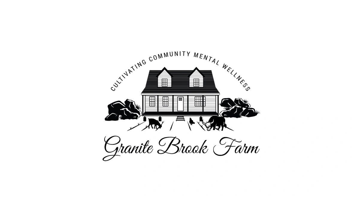 Logo of Granite Brook Farm with a farmhouse and animals, emphasizing community mental wellness.