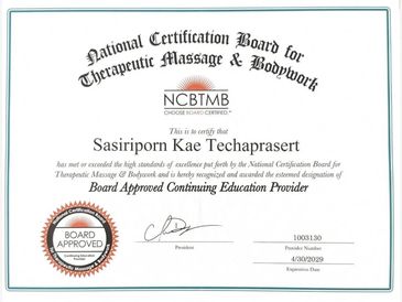 Certificate from National Certification Board for Therapeutic Massage & Bodywork.