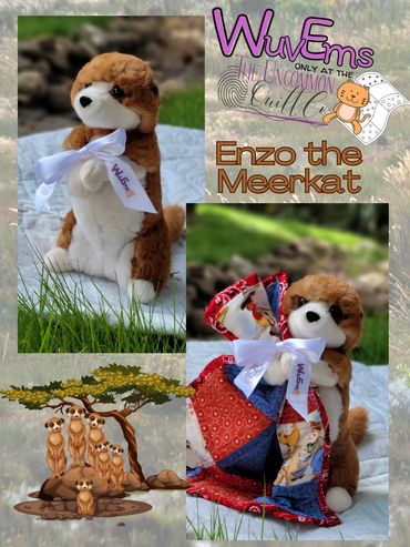 Plush Meerkat holding a quilt.