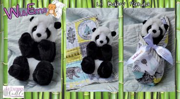 Plush Panda Bear swaddled in quilt.