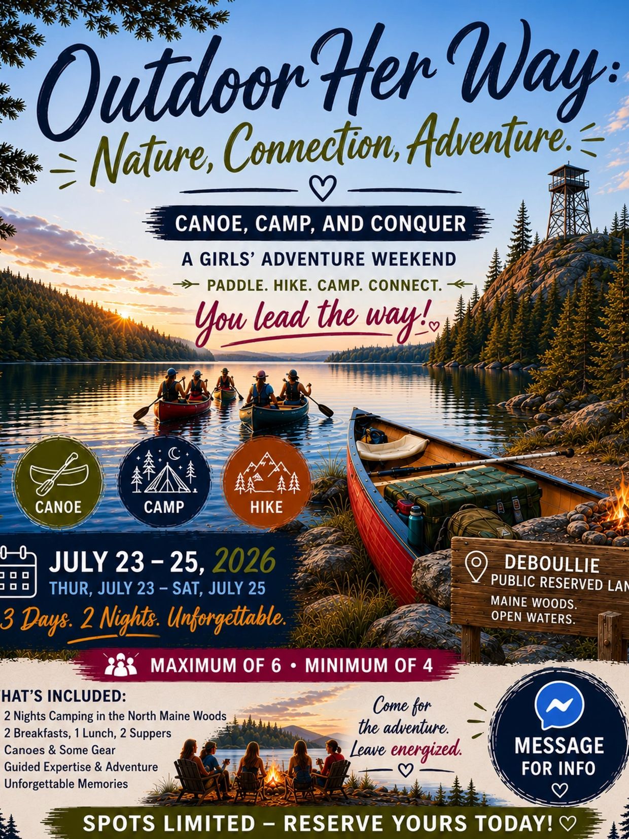 Girls' adventure weekend with canoeing, camping, and hiking in Maine Woods, July 2026.