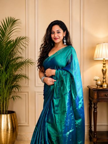 Premium Bengal Taant saree worn by a professional model in elegant indoor lighting. Traditional hand