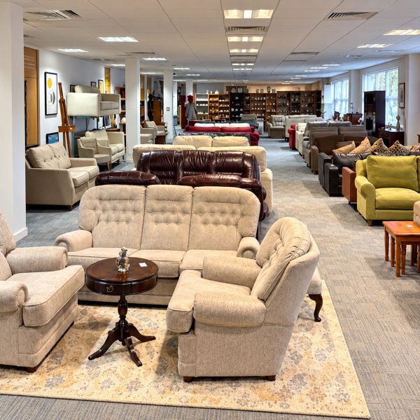 Furniture showroom with various sofas and chairs.