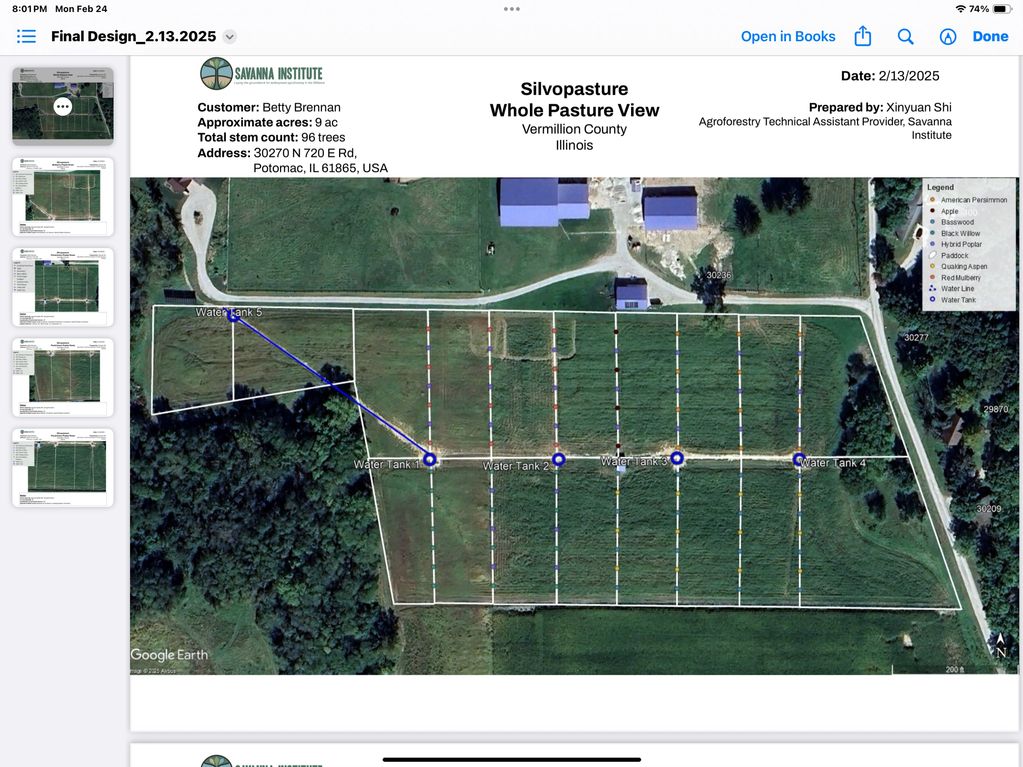 An aerial view of the pasture layout, with lines indicating where trees will eventually be planted.