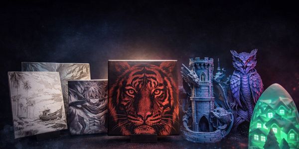 A collection of artistic laser-engraved and illuminated sculptures including a tiger, owl, and castle.