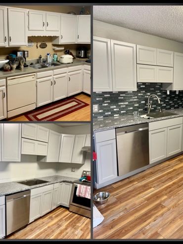 Before and after kitchen renovation with updated cabinets, countertops, and flooring.