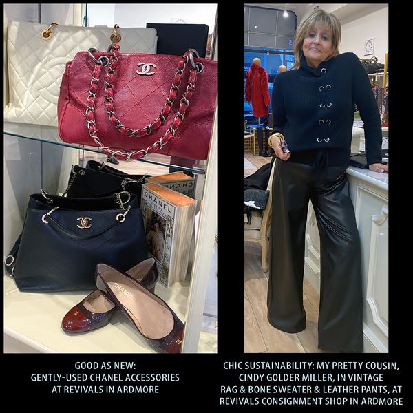 CHIC SUSTAINABILITY Cindy Miller  vintage in Rag & Bone sweater & leather pants at Revivals Ardmore
