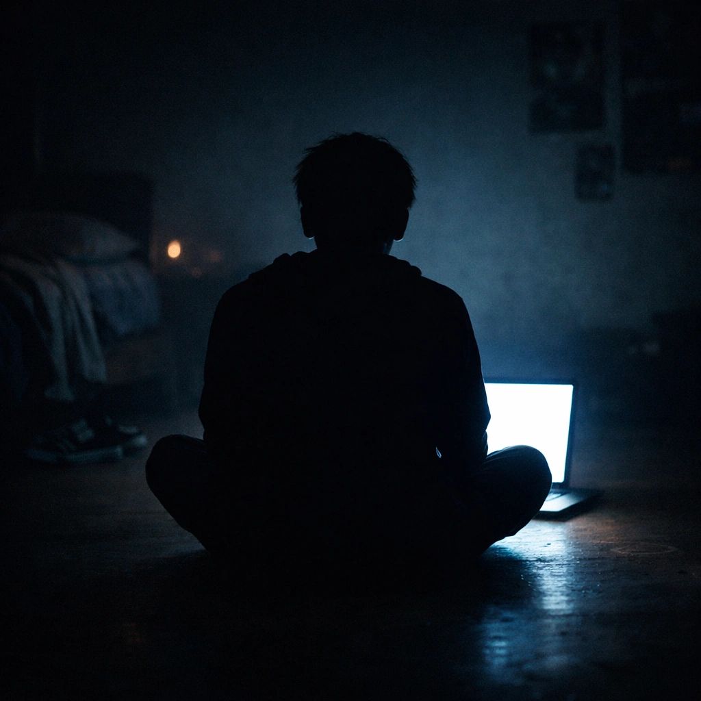 Silhouette of a person sitting cross-legged in front of a glowing laptop in a dark room.