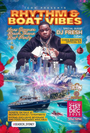 Event poster for Rhythm & Boat Vibes with DJ Fresh in Sydney on December 21, 2025.