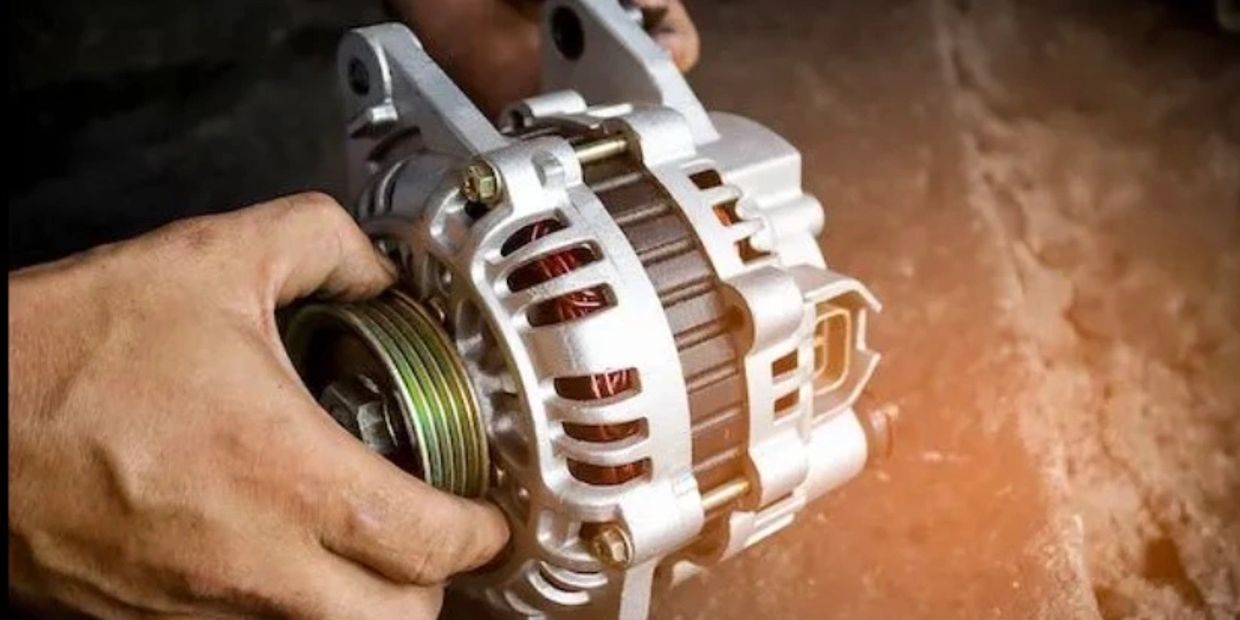 Hand holding a car alternator showing its components.