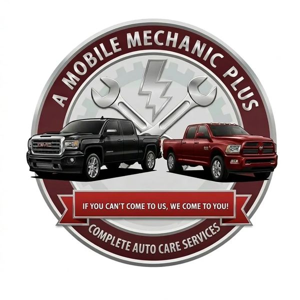 Logo featuring two pickup trucks and mobile mechanic service text.