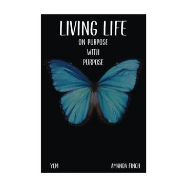 Blue butterfly with inspirational text on black background.