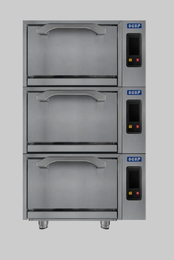 Triple-deck stainless steel commercial oven with digital controls.