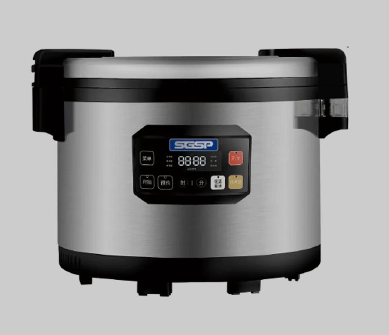 Modern electric rice cooker with digital controls and stainless steel body.