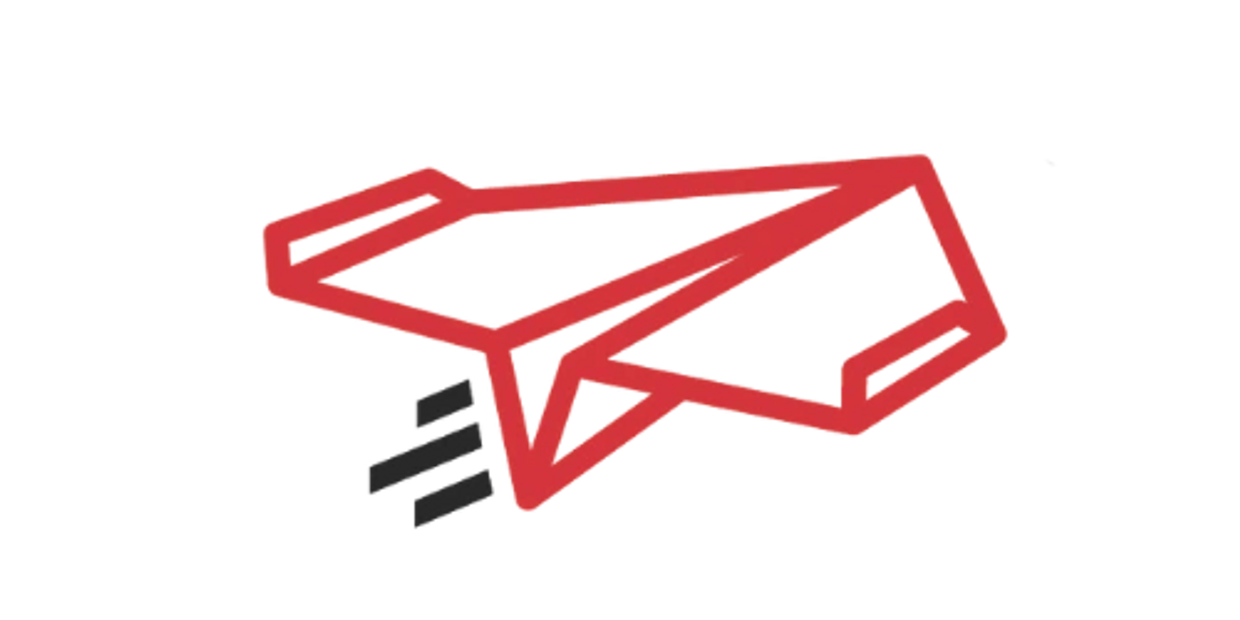 Red paper airplane icon with motion lines indicating flight.
