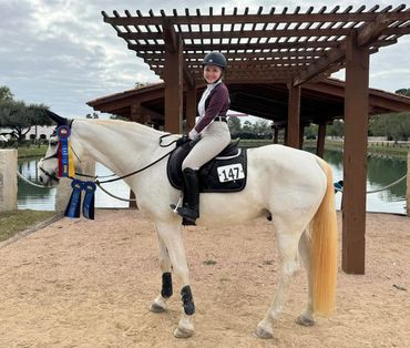 Girl on white horse with horse show ribbons on display.