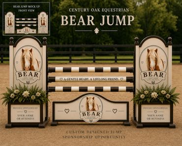 Elegant equestrian bear jump with custom sponsorship panels and floral accents.