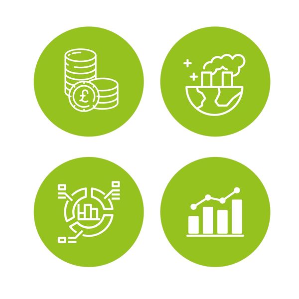 Icons showing price, carbon emissions, comparison and bar graph
