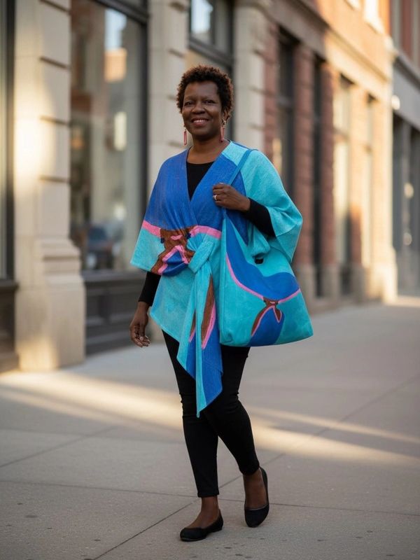Janice King wearing “That’s a Hat” Karima Curved Wrap, created by Le Galeriste from her artwork.
