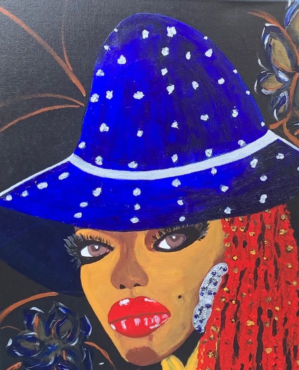 Original painting “These Eyes and Red Lips” by Janice King, featuring a confident woman with red loc