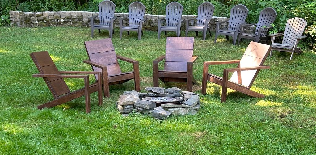 Modern Adirondack Chairs with Behr Coffee stain and polyurethane finish.